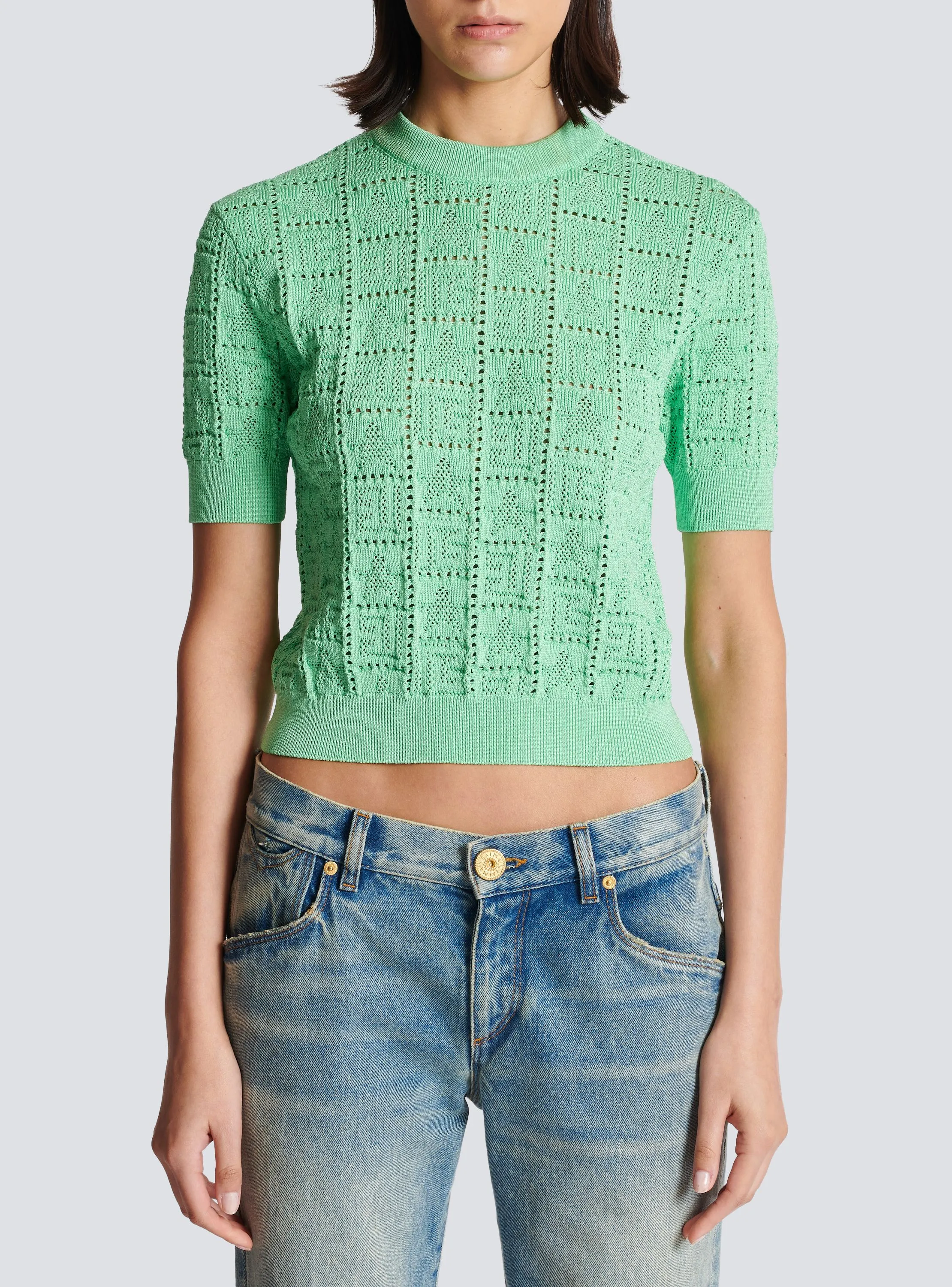 BALMAIN  Pull en maille monogramme - Vert