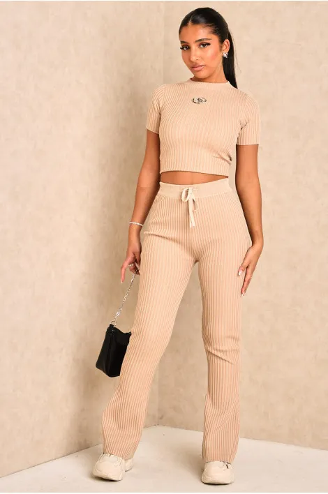 Ensemble 2 pièces top + pantalon à rayures beige