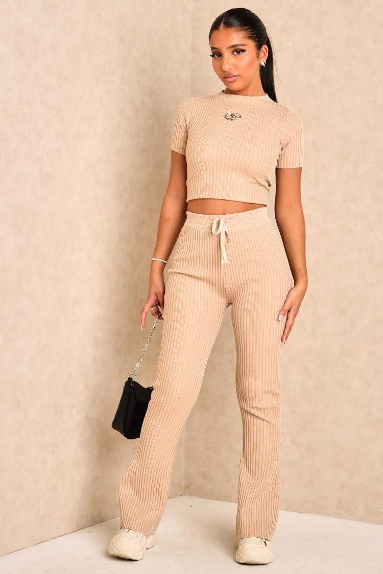 Ensemble 2 pièces top + pantalon à rayures beige