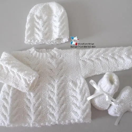 Ensemble 3 mois lait, point riz et ajouré,  brassière, bonnet, chaussons, layette tricot bebe modèle bb sur commande