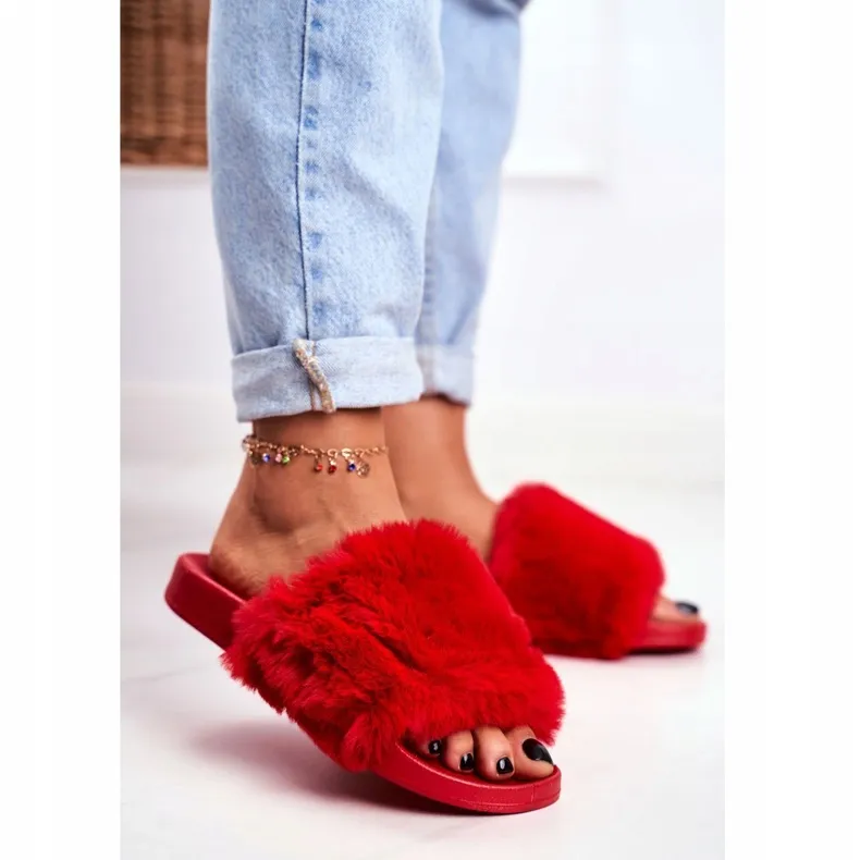 PB2 Chaussons Femme Avec Fourrure Rouge Sensible