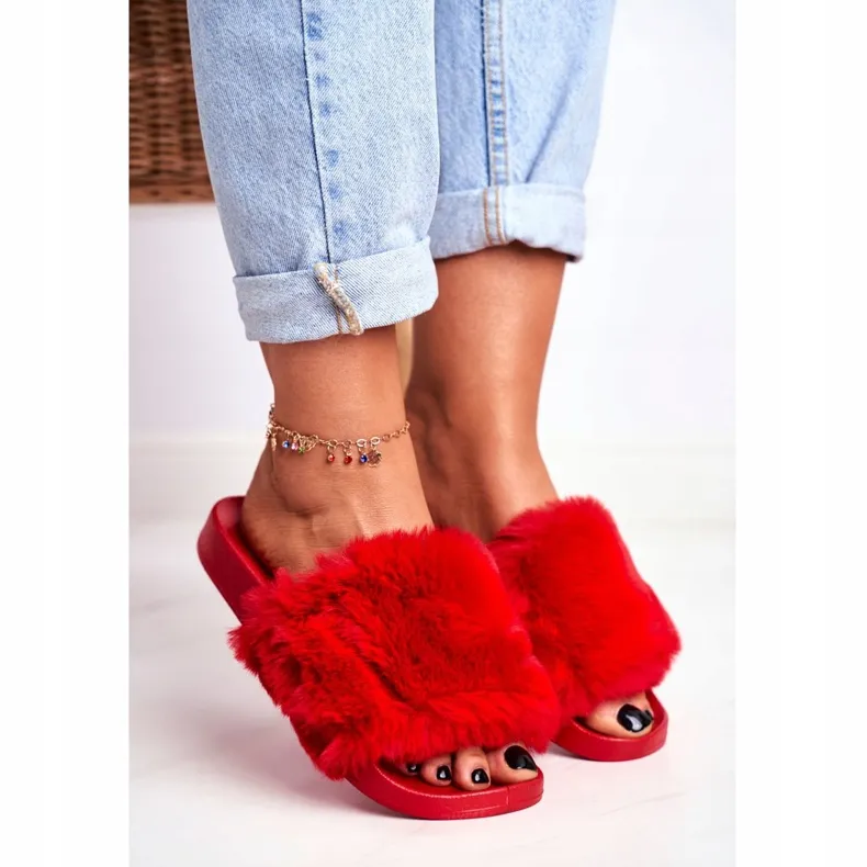 PB2 Chaussons Femme Avec Fourrure Rouge Sensible