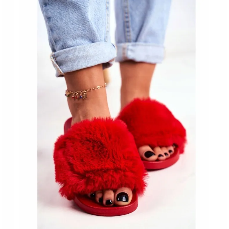 PB2 Chaussons Femme Avec Fourrure Rouge Sensible