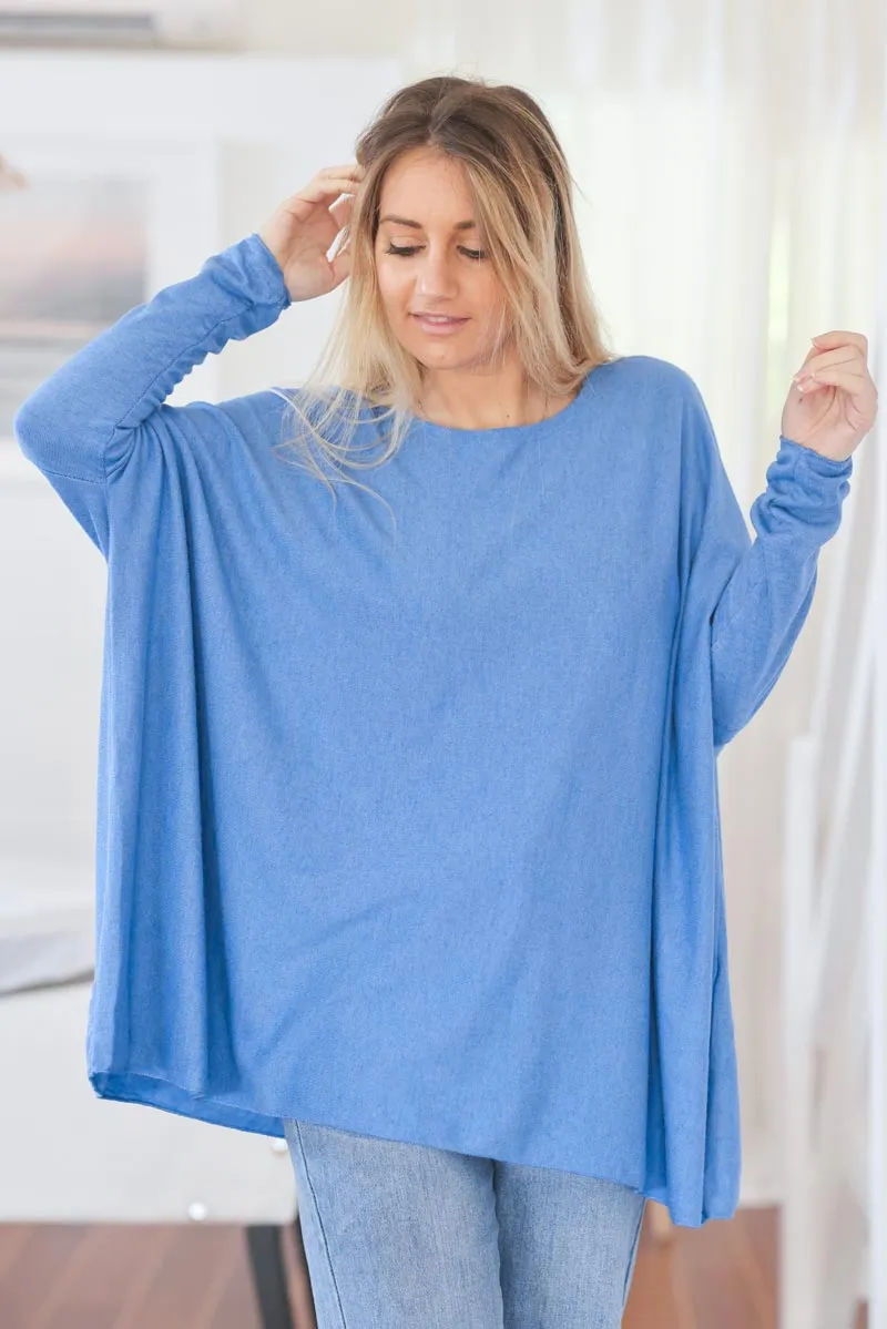 Pull large bleu roi manches chauve souris