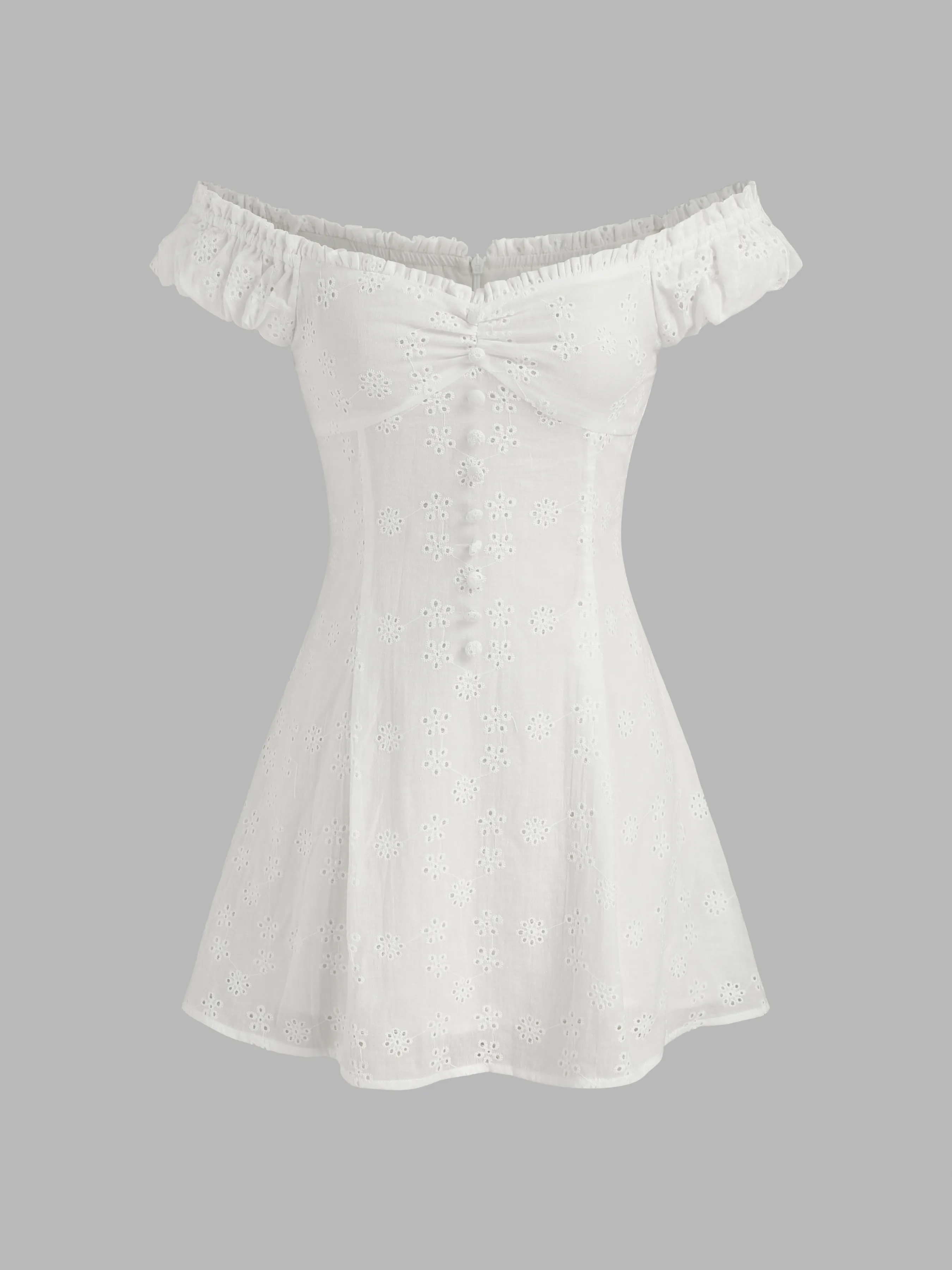 Robe courte en coton broderie anglaise épaules dénudées boutonnée