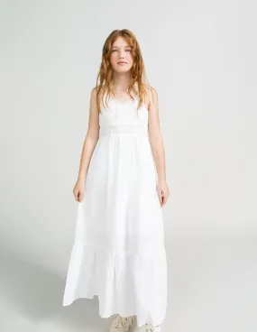 Robe longue blanche détails broderie anglaise fille