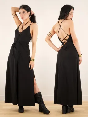 Robe longue fendue à laçage Amulette, Noir