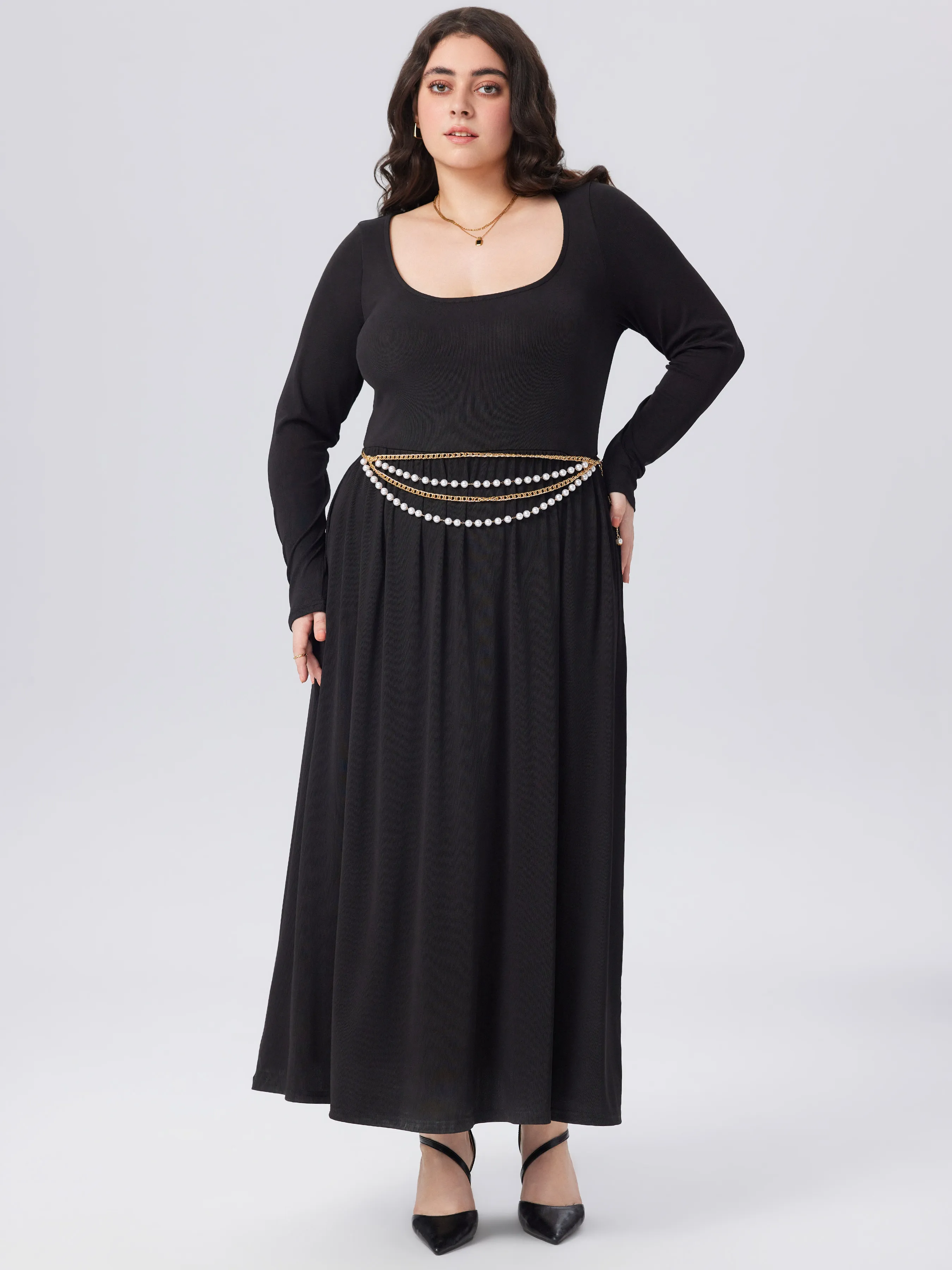  Robe Longue Unie à Encolure Dégagée Curve & Plus