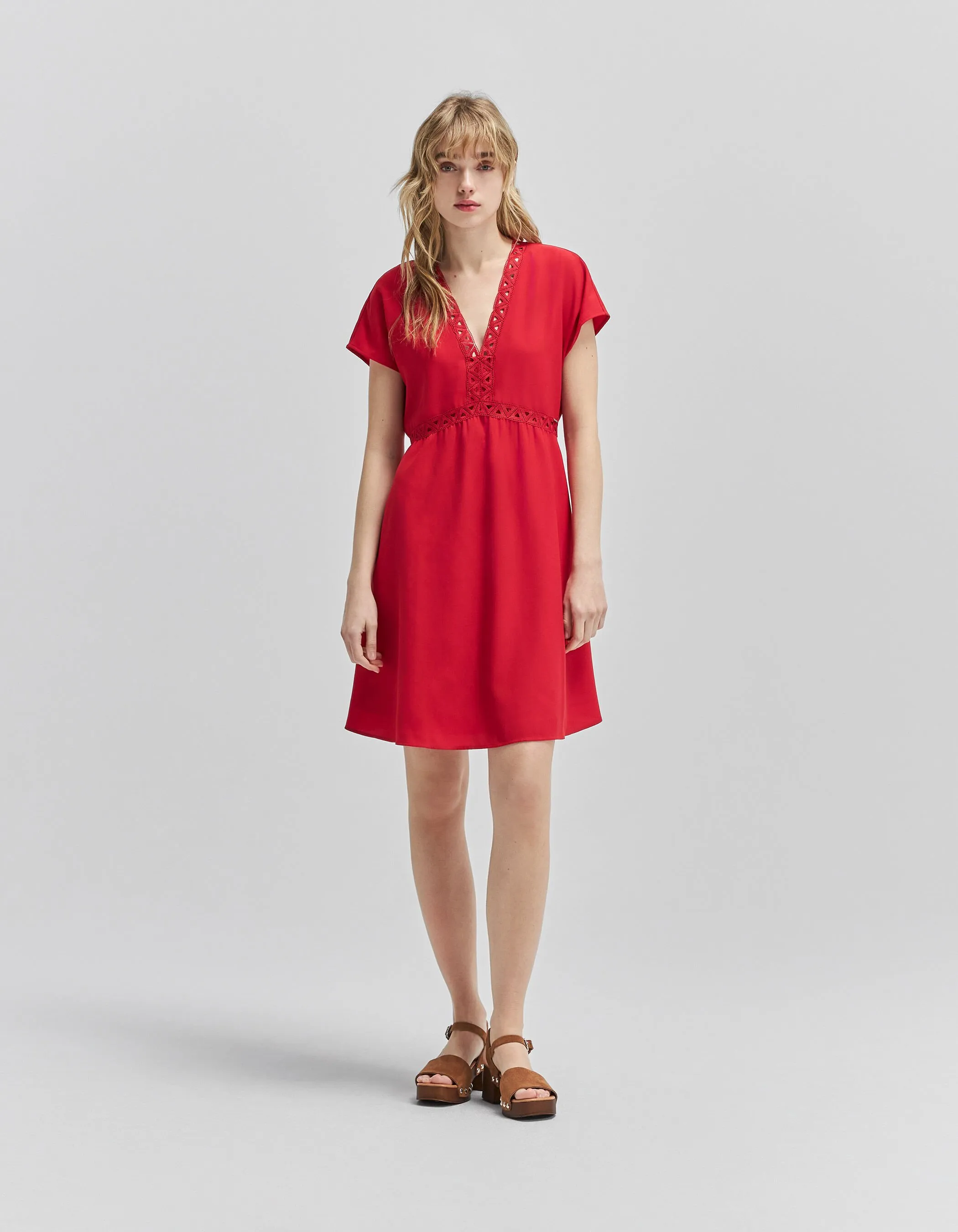 Robe rouge recyclée ganses dentelle Femme