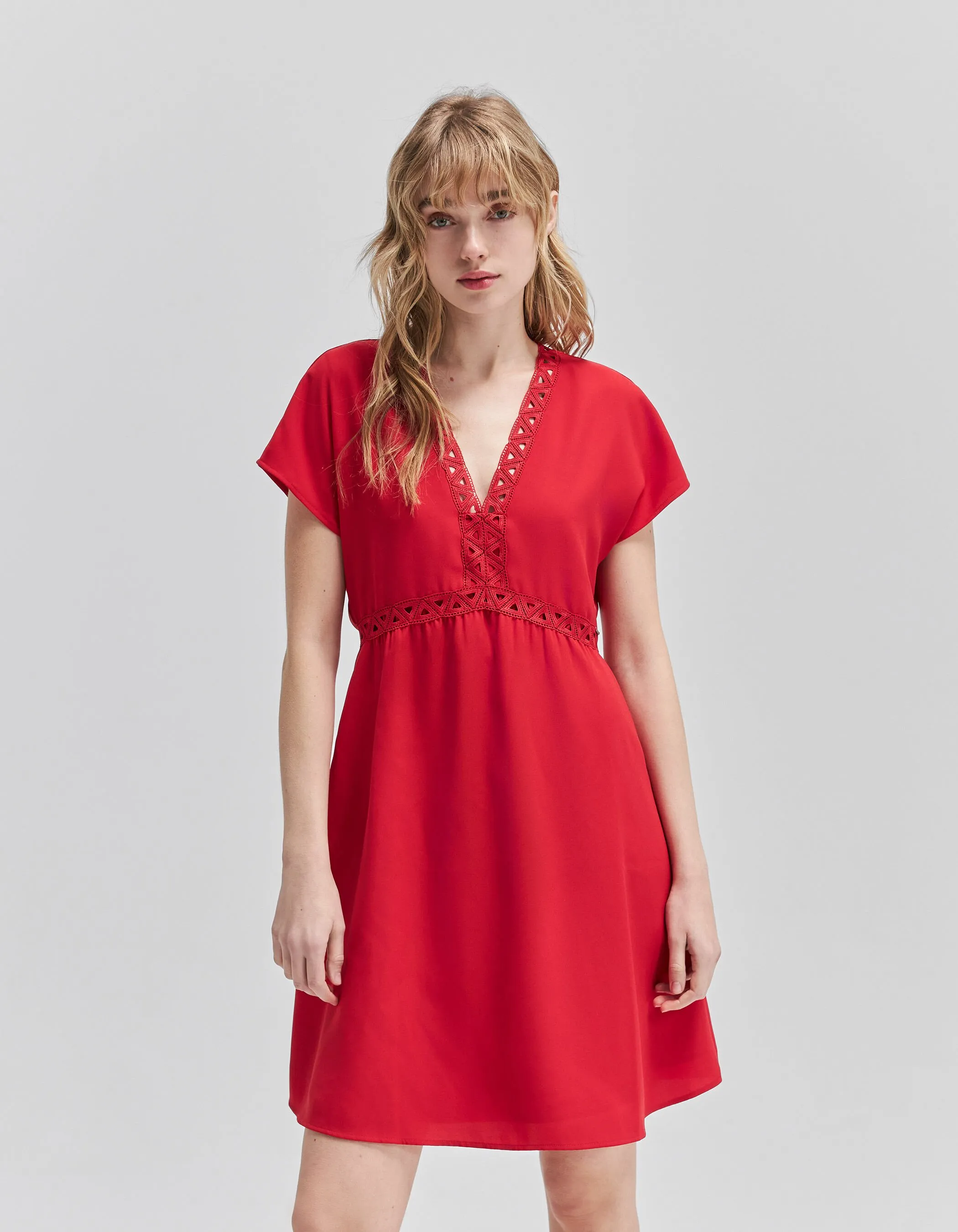 Robe rouge recyclée ganses dentelle Femme