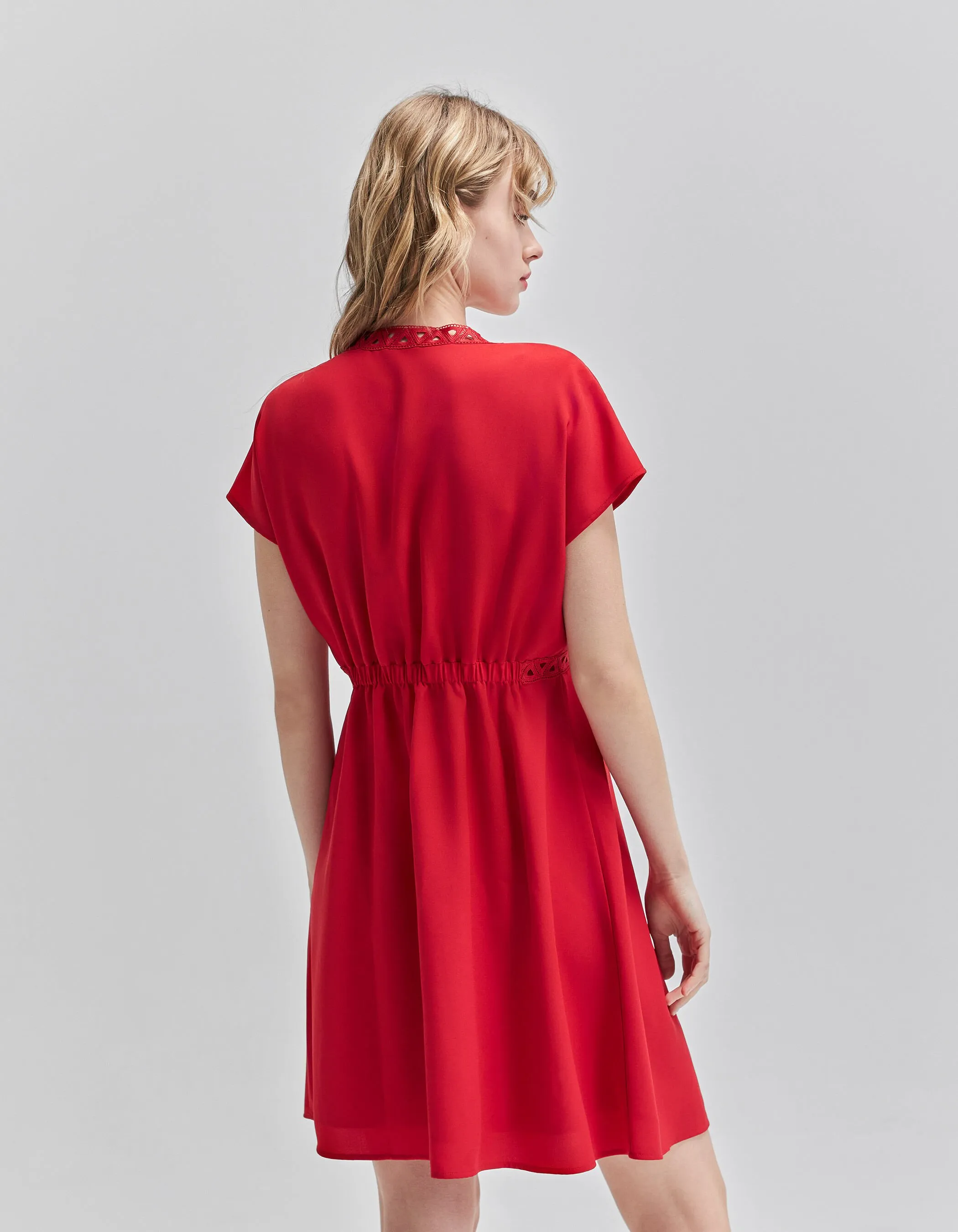 Robe rouge recyclée ganses dentelle Femme