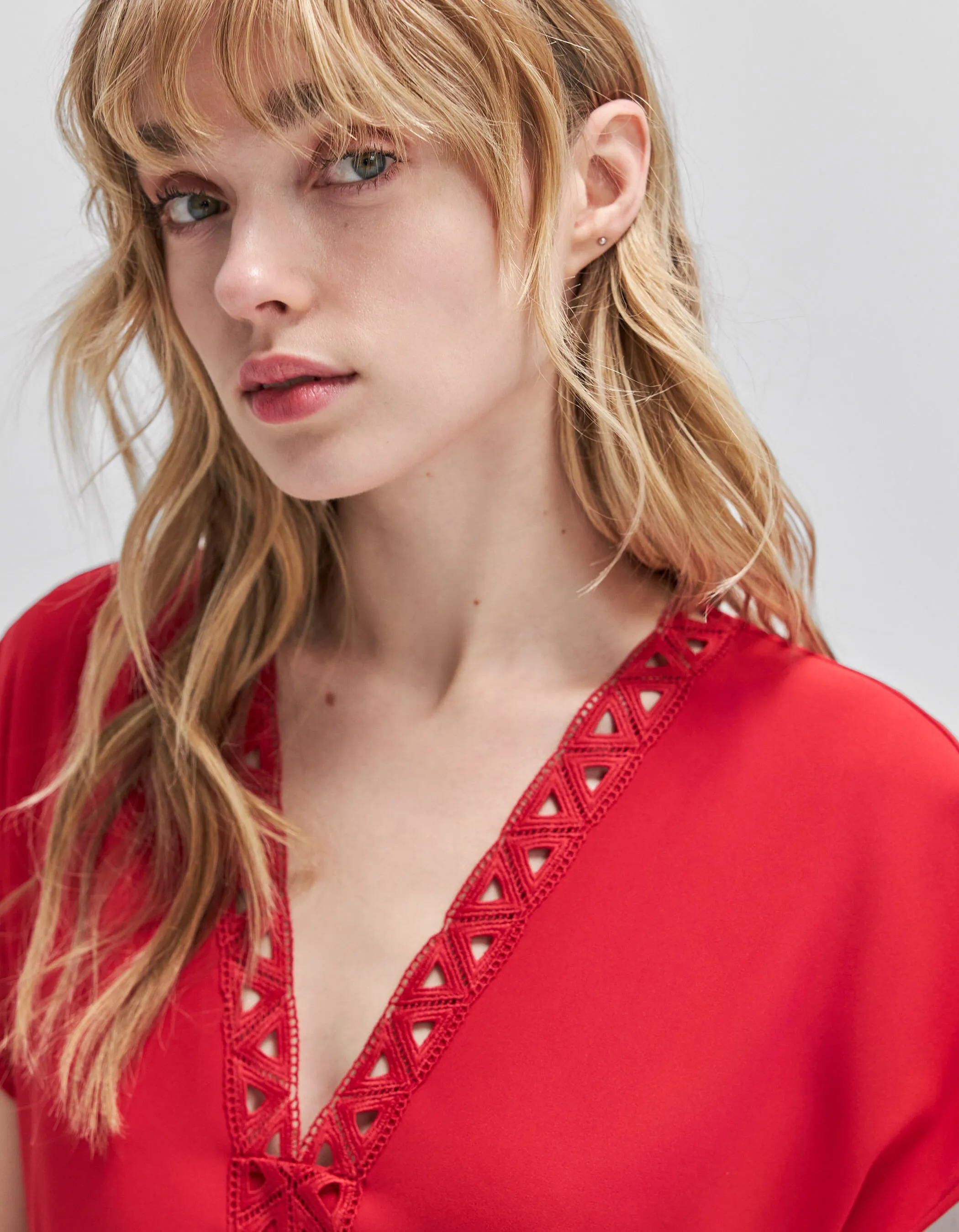 Robe rouge recyclée ganses dentelle Femme