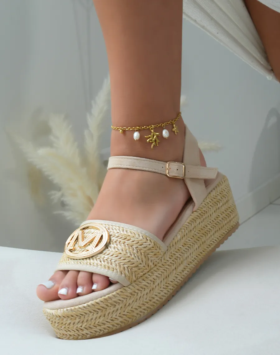 Sandales compensées femme beige avec plateforme en jute et bijou doré M