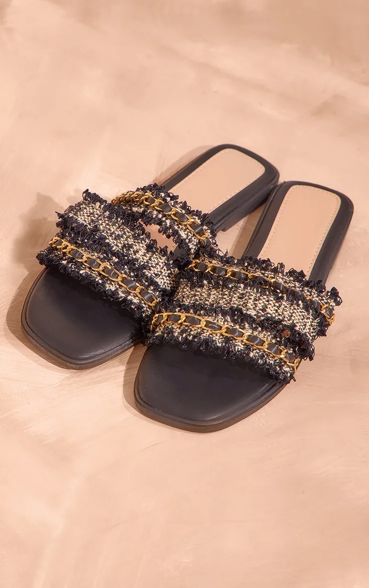 Sandales style mules rondes noires à boucle et bride chaîne