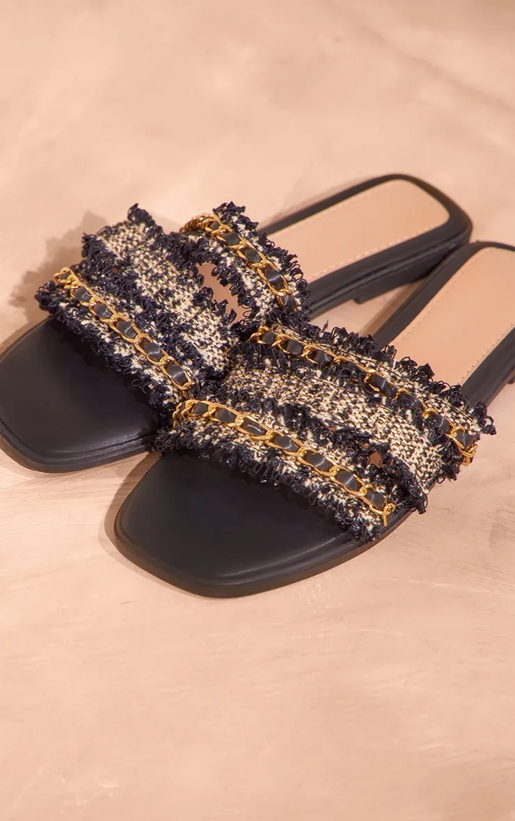 Sandales style mules rondes noires à boucle et bride chaîne