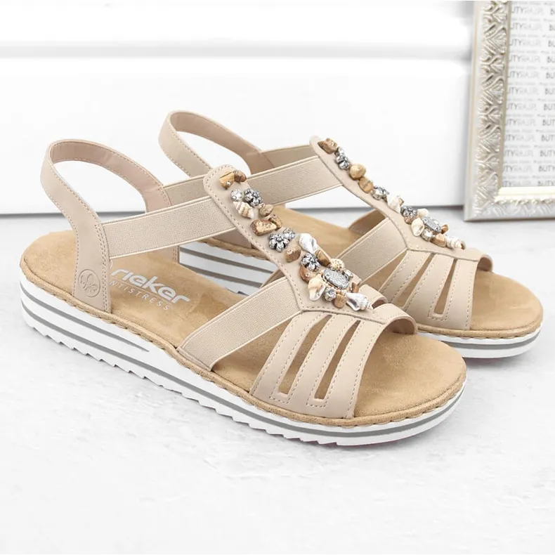 Sandales à enfiler confortables pour femmes avec bandes élastiques, beige Rieker V0649-62