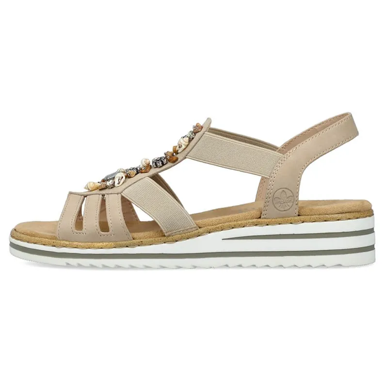 Sandales à enfiler confortables pour femmes avec bandes élastiques, beige Rieker V0649-62