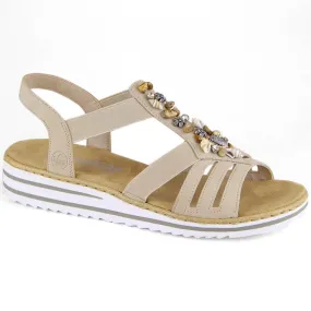 Sandales à enfiler confortables pour femmes avec bandes élastiques, beige Rieker V0649-62