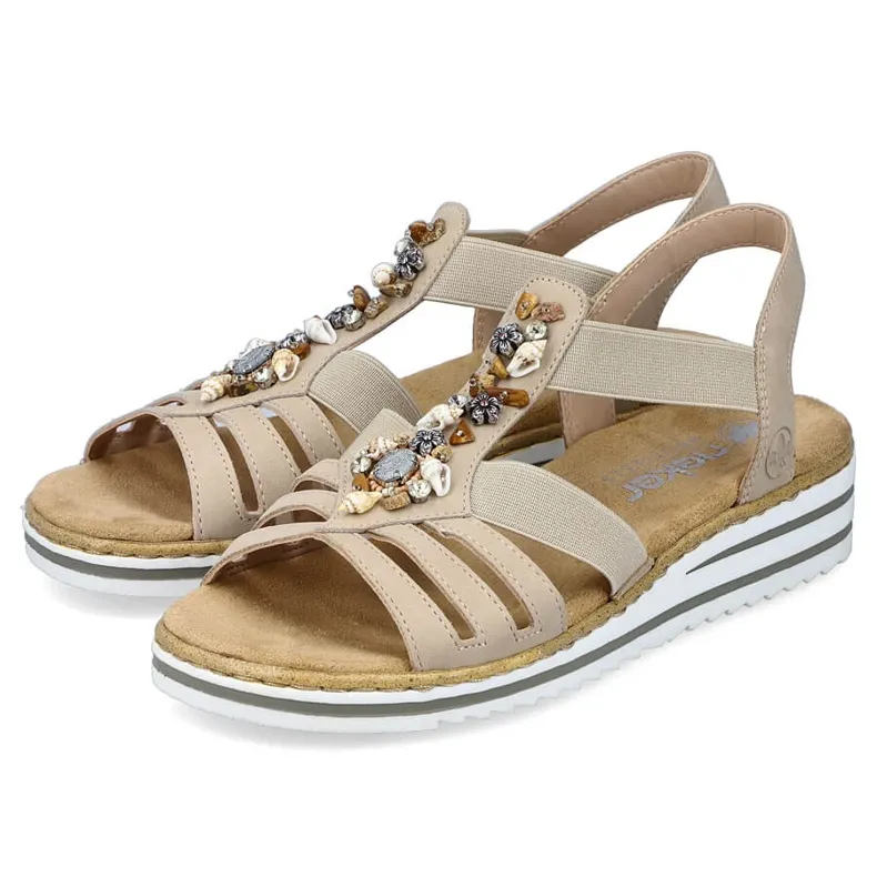 Sandales à enfiler confortables pour femmes avec bandes élastiques, beige Rieker V0649-62