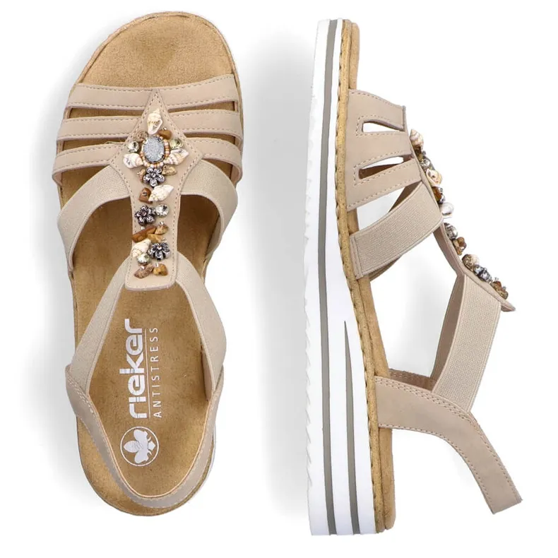 Sandales à enfiler confortables pour femmes avec bandes élastiques, beige Rieker V0649-62