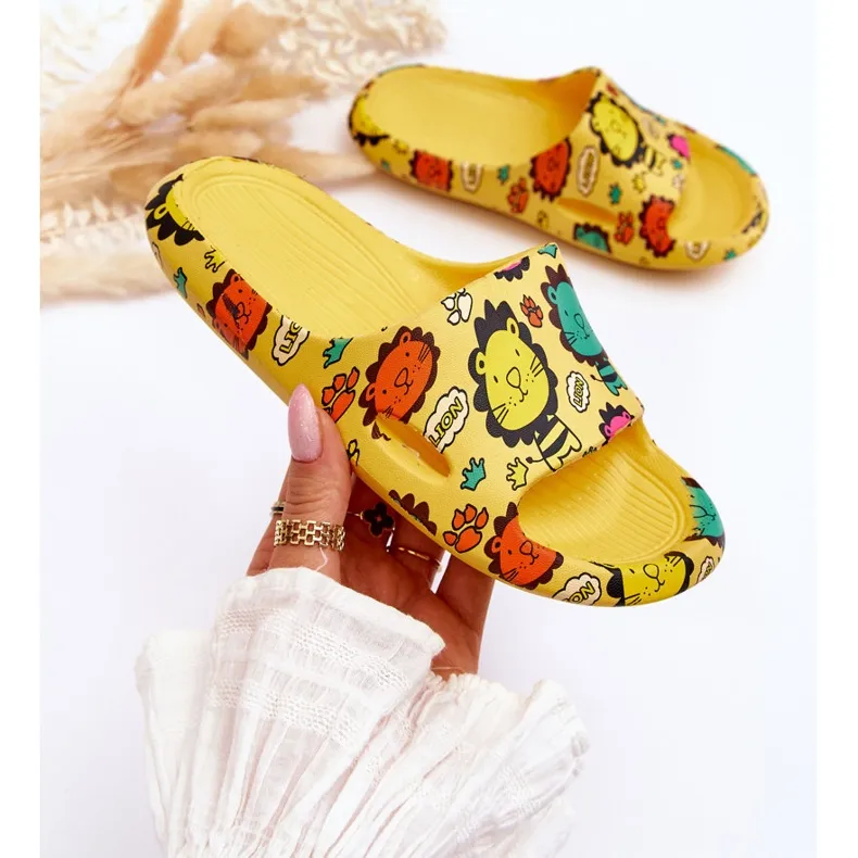 WJ1 Chaussons Enfant Mousse Légère Motif Lion Jaune Esther